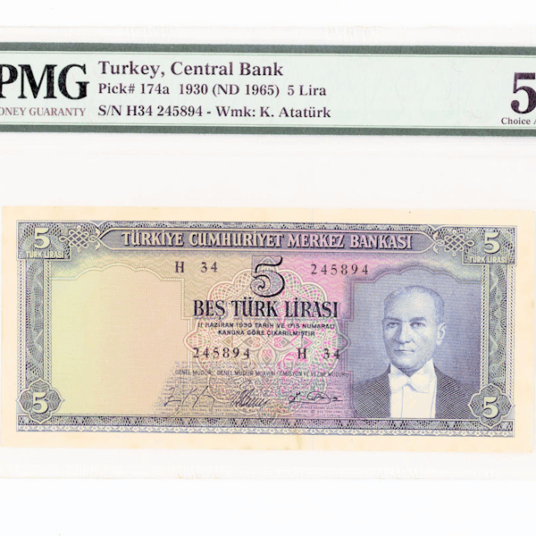 5. Emisyon 5 Lira 1961-65 TURKEY Pick # 174a PMG 58 aUNC *çilaltı