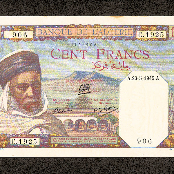 Algeria Cezayir 100 Francs 1945 UNC