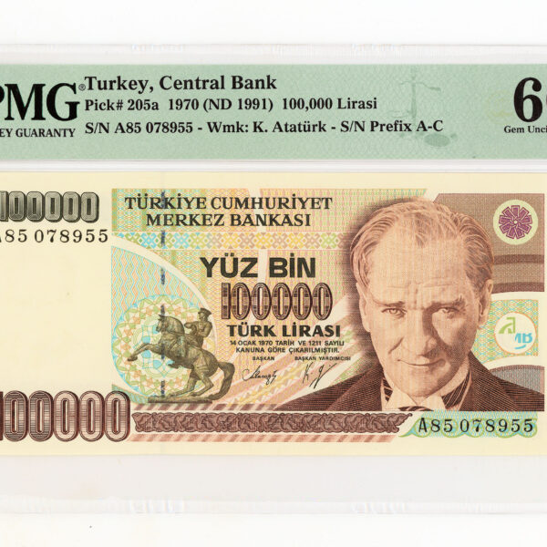 7. Emisyon 100 000 Lira ND 1991 Pick#205a PMG 66 EPQ - UNC *SATILDI - OUT OF STOCK