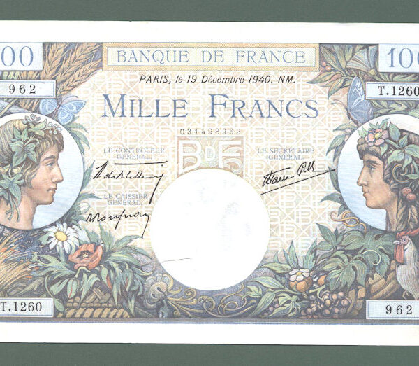 FRANSA FRANCE 1000 Francs 1940 UNC banknot çil *SATILDI - OUT OF STOCK SATILDI - OUT OF STOCK SATILDI - OUT OF STOCK