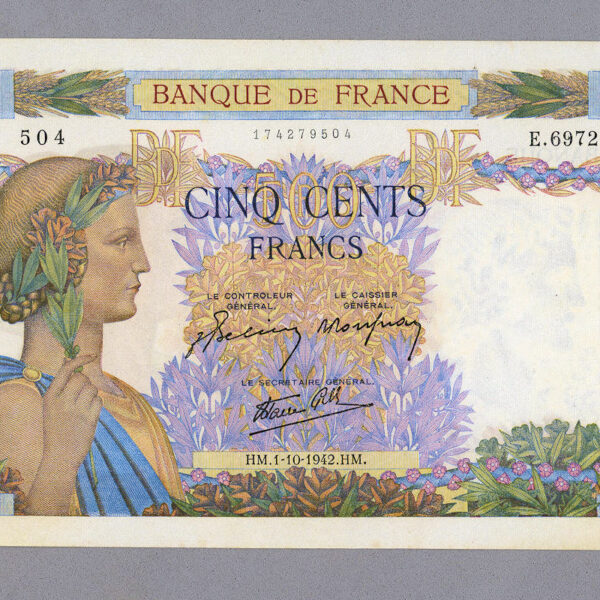 FRANSA FRANCE 500 Francs 1942 UNC banknot çil