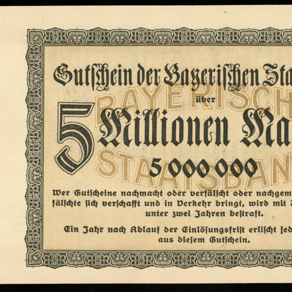 DEUTSCHLAND 5 Milionen Mark 1923 *Bayerischen Stattsbank UNC