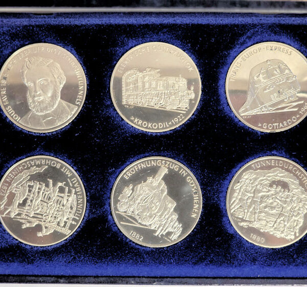 SWITZERLAND GOTTHARD BAHN TRAINS THEME 6 SILVER COINS MEDAL