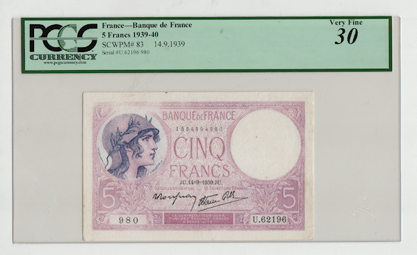 FRANCE Fransa 5 Francs 1939-40 Pick # 83 PCGS 30 VF