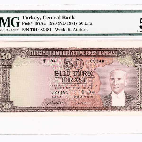 5. Emisyon 50 Lira (1971-79) 7. Tertip Pick # 187Aa PMG 58 - aUNC *çilaltı