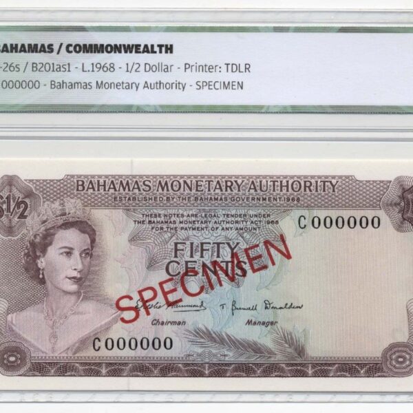 BAHAMAS 50 Cents 1968 SPECIMEN Pick # 26s ICG 66 UNC