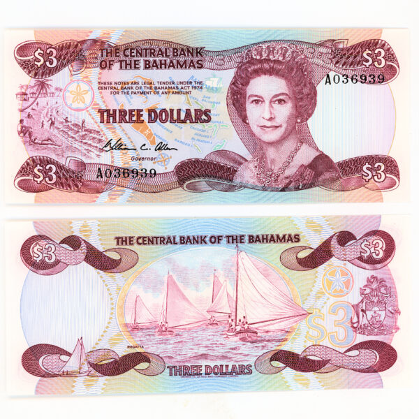 BAHAMAS 3 Dollars 1974-84 Pick # 44a UNC - çil