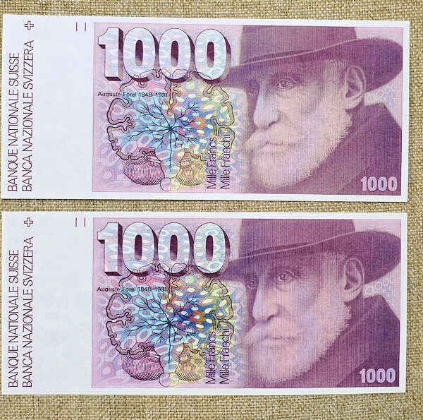 SWITZERLAND SCHWEIZ 1000 Francs 1993 Auguste Forel - UNC (2 adet, seri takipli)