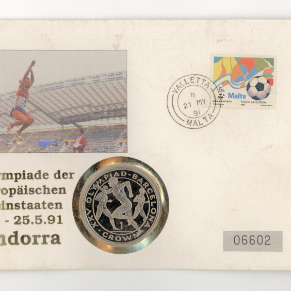 GIBRALTAR 1 Crown 1991 Andorra küçük Avrupa devletleri olimpik oyunlari MALTA puluyla