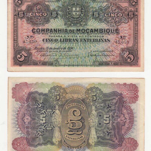 Moçambique Mozambik 5 Libras Esterlinas 1934 EF- ççt