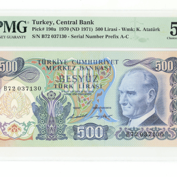6. Emisyon 500 Lira 1970/71 Pick # 190a PMG 58 aUNC *çilaltı - Seri B72
