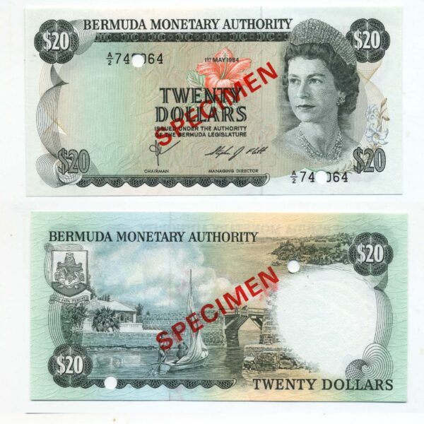BERMUDA 20 Dollars 1970 Pick # 26s SPECIMEN w/ Queen Kraliçe – UNC