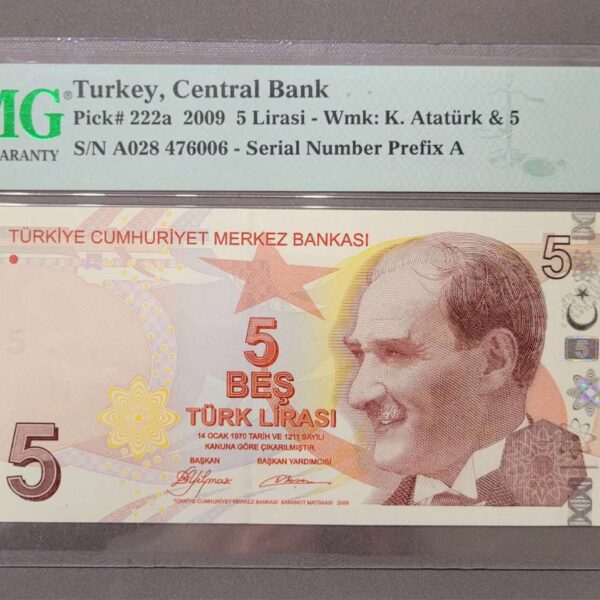 9. Emisyon 5 Lira 2009 Pick # 222a *A028 serisi- PMG sertifikalı 66 EPQ sertifikali çil banknot *SATILDI - OUT OF STOCK