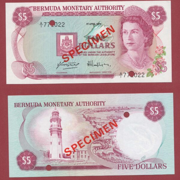 BERMUDA 5 Dollars 1970 Pick # 24s SPECIMEN w/ Queen Kraliçe – UNC