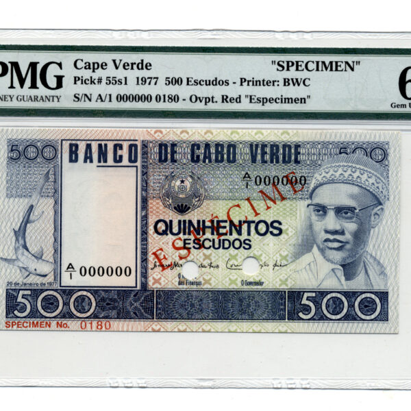 CABO VERDE 500 Escudos 1977 Pick#55s1 PMG 66 EPQ – UNC *SPECIMEN – UNC çil banknot sertifikal
