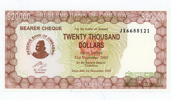 ZIMBAWBE 20000 Dollars Check UNC