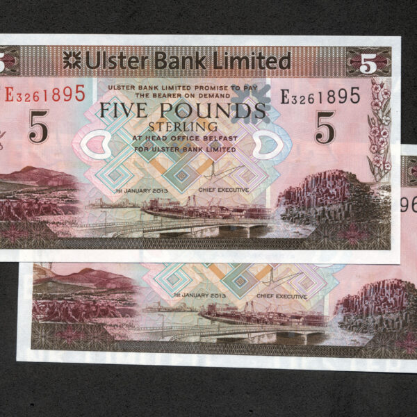 NORTHERN IRELAND 2x 5 Pounds 2013 Pick # 340b Ulster Bank Ltd. UNC