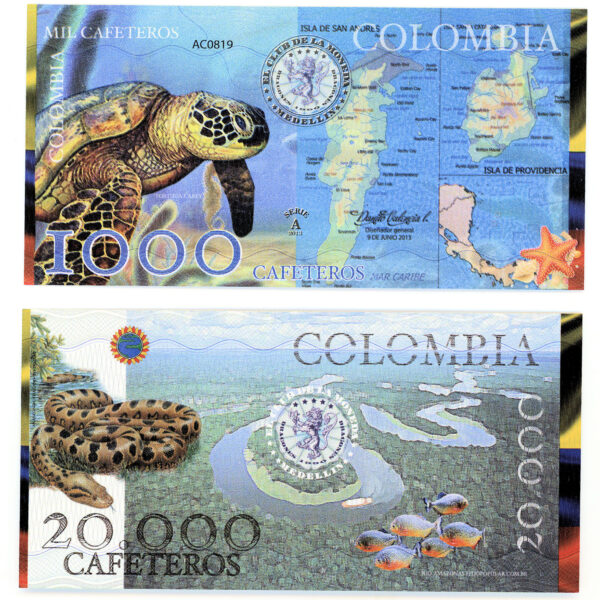 COLOMBIA 2 adet fantasy ÇİL banknot koleksiyon