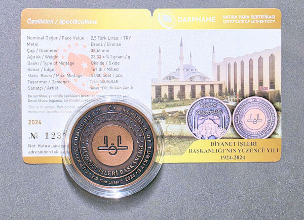 Diyanet 100. senesi 1924-2024 Bronz Hatıra Parası Sertıfıkalı - Görsel 2