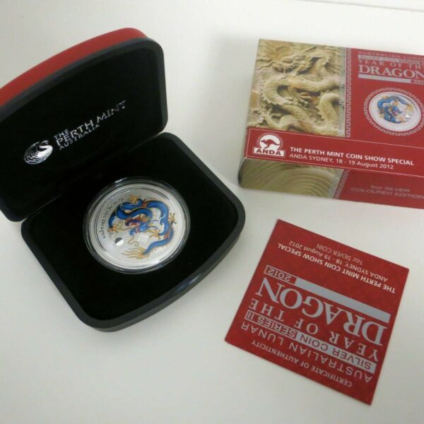AUSTRALIA 2012 Year of the Dragon Lunar Series 1 Oz. Silver 999 Box & Certificate *Blue
