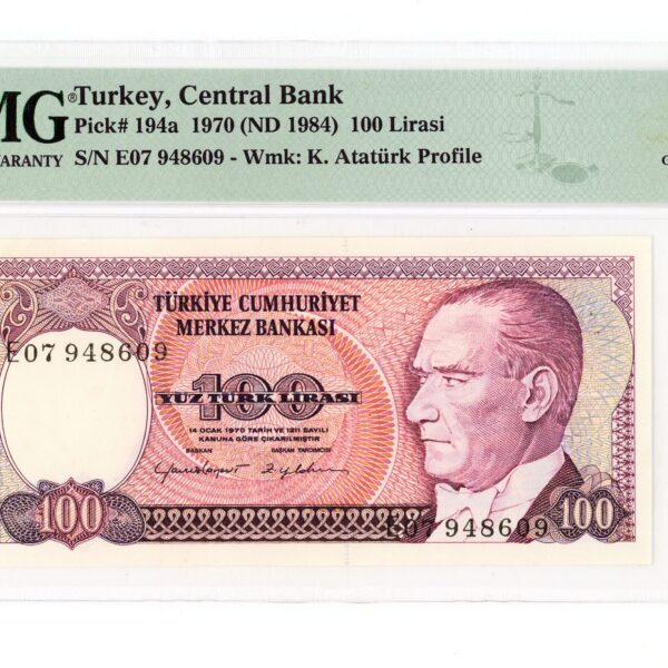 7. Emisyon 100 Lira 2. Tertip Pick # 194a *E07Beyaz kağıt PMG sertifikalı 66 EPQ çil *SATILDI - OUT OF STOCK