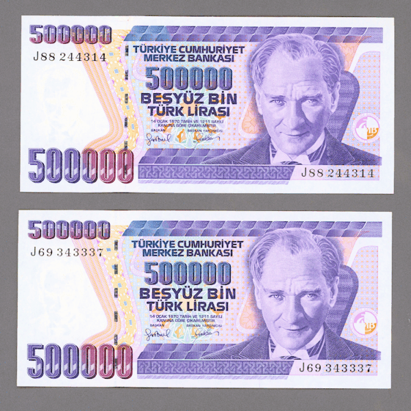 7. Emisyon 1000 Lira 2. Tertip Pick # 196 Serie J69 + J88 farklı filigran *TAKIM UNC - çil 2 adet banknot