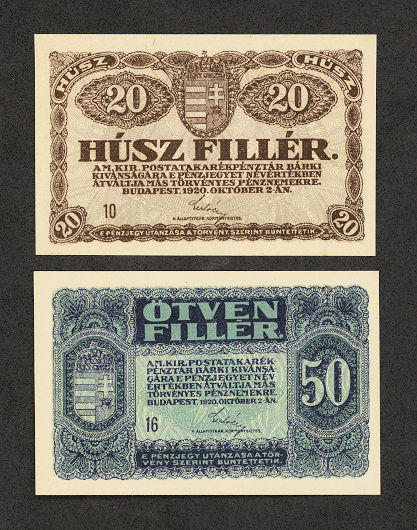 Macaristan HUNGARY 20 + 50 Filler 1920 UNC