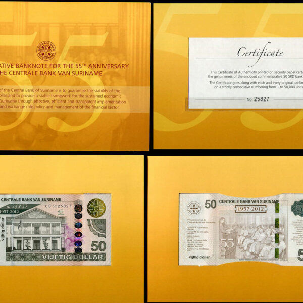 SURINAME 50 Dollars 55th Anniversary 2012 orijinal föyünde