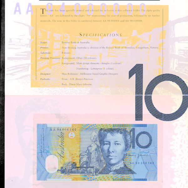 AUSTRALIA 10 Dollars 1994 portföyünde ve özel zarfinda, sertifikasiyla çil - UNC