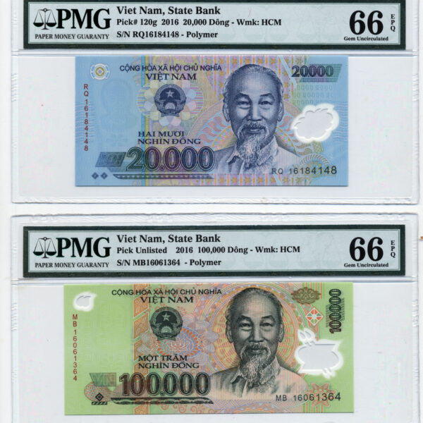 VIET NAM 20000 + 100000 Dong 2016 PMG 66 EPQ - UNC