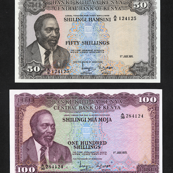KENYA 500 Shillingi 1971 Pick#9b + 1000 Shillingi 1972 Pick#10c– UNC