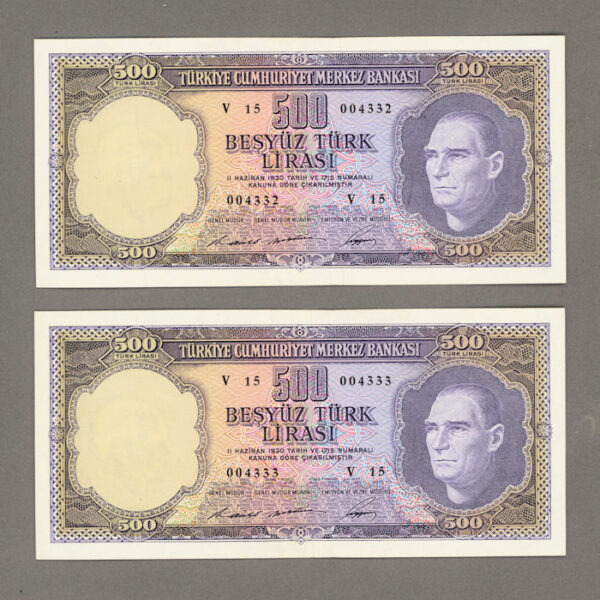 5. Emisyon 4. Tertip 2 adet seri takipli 500 Lira 1968-1976 Pick#183 *EF/VF - *ççt-çt