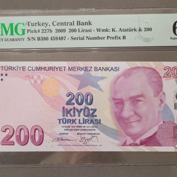 9. Emisyon 200 Lira 2009 Pick # 227b *B380 serisi- PMG sertifikalı 67 EPQ sertifikali çil banknot