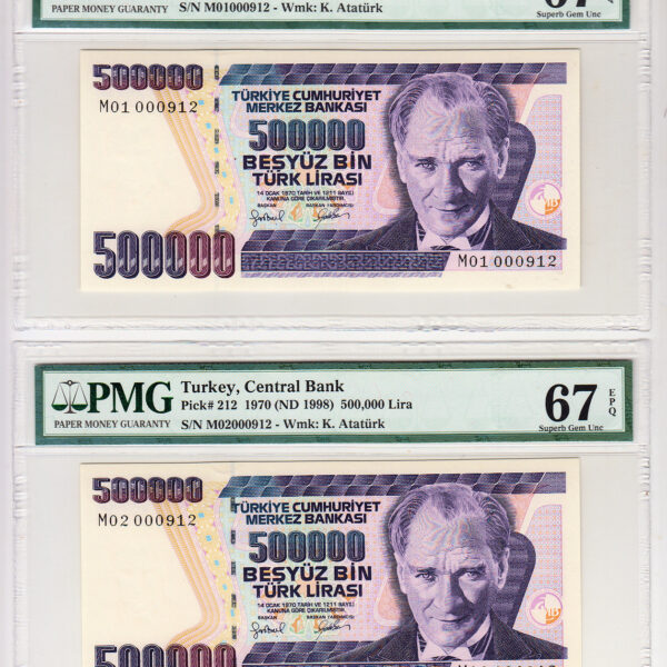 7. Emisyon 500 000 Lira ND 1998 Pick # 212 (ikiz numaralar) ve ilk bin PMG 67 çil *SATILDI - OUT OF STOCK