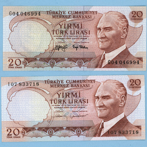 6. EMİSYON 20 Lira 1974 Pick#187 a + 187b UNC - KALIN VE INCE IMZA çil 70 TL