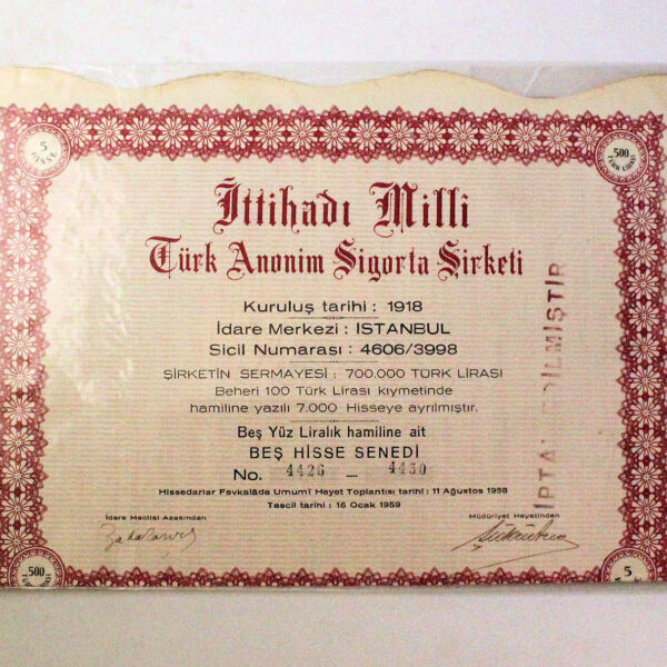 ITTIHADI MILLI TÜRK ANONIM SIGORTA SIRKETI 2 adet hisse senedi 1958-59