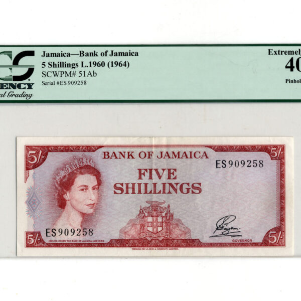 JAMAICA 5 Shillngs 1960 (1964) Pick # 51Ab PCGS 40 EF *SATILDI - SOLD OUT