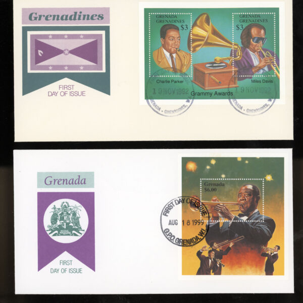 JAZZ temalı adetılkgğnyarfları FDCs Luis Armstrong Miles Davis Charlie Parker GRENADA