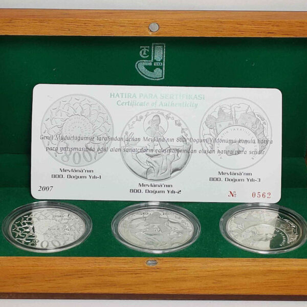 2007 YILI MEVLANA 800. DOĞUM YILI DARPHANE HATIRA GÜMÜŞ PARA SETİ AHŞAP KUTUSUNDA