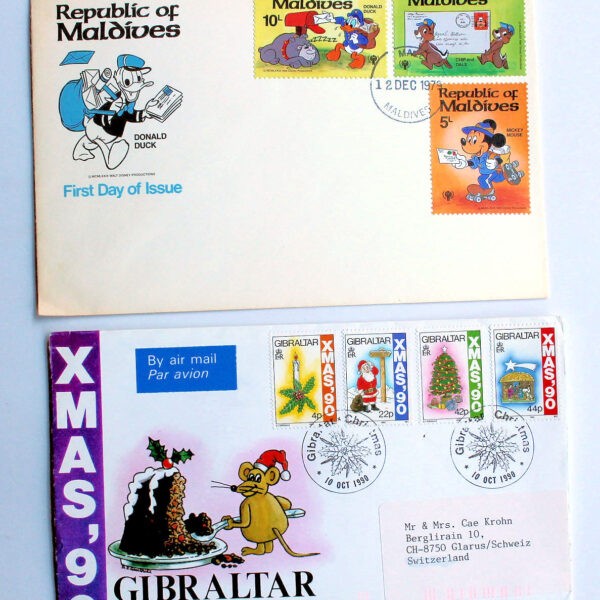 MALDIVES-GIBRALTAR Comics temali 2 FDCs