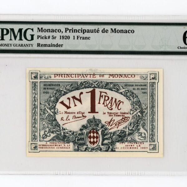 MONACO 1 Franc 1920 Pick # 5r PMG 64 EPQ - UNC