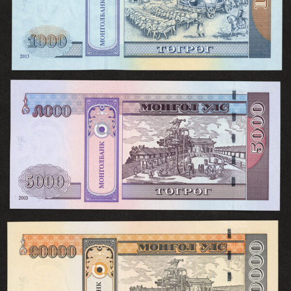 MONGOLIA 1000 (2013) + 5000 (2003) + 10000 (2002) Turik - Pick#67d + 68b + 69a - UNC