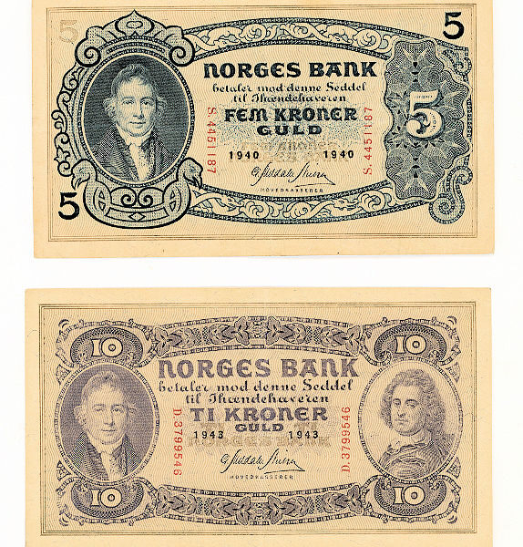 NORWAY Norveç 5 Kron 1940 & 10 Kron 1943 VF/EF+
