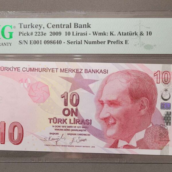 9. Emisyon 10 Lira 2009 Pick # 223e *E001 - PMG sertifikalı 64 EPQ sertifikali çil banknot