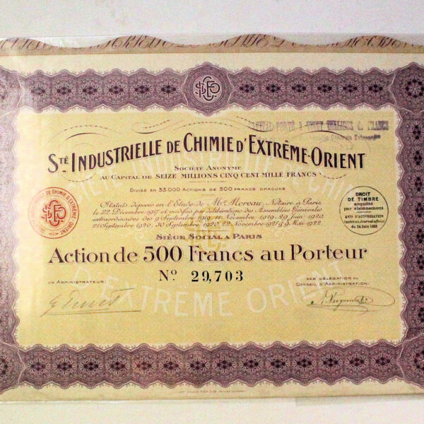 Ste. INDUSTRIELLE CHIMIE EXTREME ORIENT 1919-1922 *hisse senedi