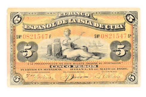 CUBA Küba 5 Peso 1896 Pick # 48 *VF çt banknot