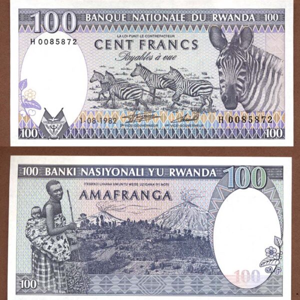 Rwanda 100 Francs 1982 Zebra Motif Koleksiyon Banknot Çil