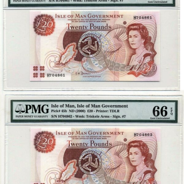 MAN ADASI Isle of man 2x 20 Pounds ND (2000) Pick # 45b PMG 66 PPQ – UNC *iki adet takipli numaralar