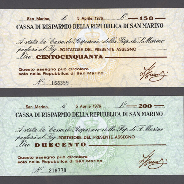 SAN MARINO 150 + 200 Lire 1976 Pick#101/102 -UNC *çil banknot