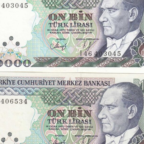 7. Emisyon 10000 Lira 1989 Serial I *SARI VE BEYAZ KAGIT - çil *Mimar Sinan